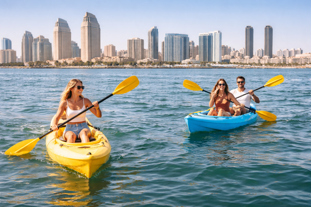 Two people kayaking during a water rental experience in San Diego