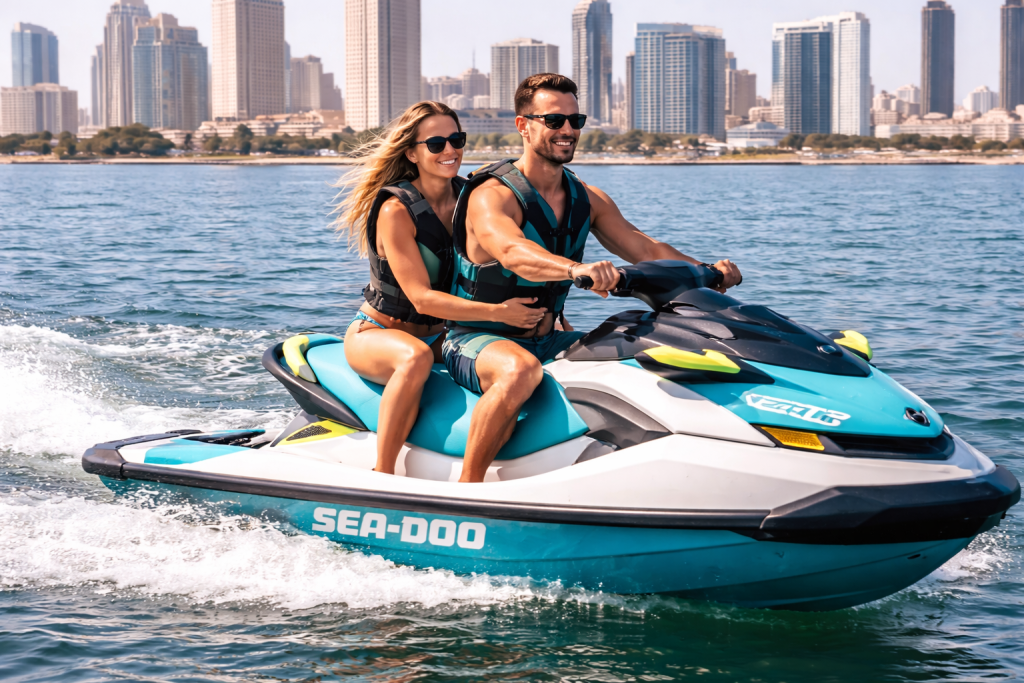 Couple riding a jet ski near Coronado Bridge in San Diego Bay
