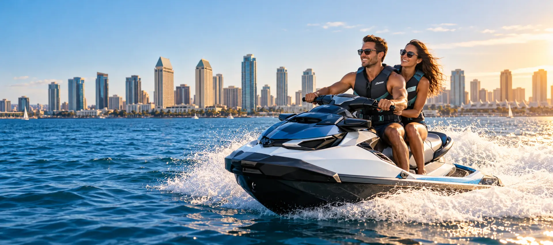 Couple riding a jet ski with the San Diego skyline behind them