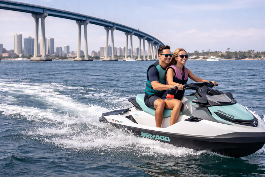 Couple riding a Sea-Doo jet ski south of the Coronado Bridge on San Diego Bay near National City.