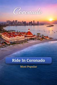 Coronado San Diego waterfront at sunset with Hotel del Coronado and Ride In Coronado jet ski rental button, most popular location