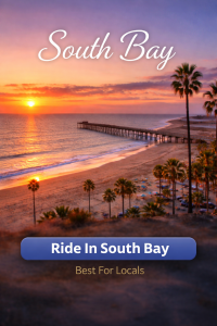 South Bay beach at sunset with pier and palm trees, featuring Ride In South Bay jet ski rental button and Best For Locals label