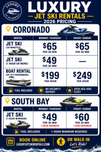 Current Pricing for 2026 jet ski and boat in Coronado and South Bay.